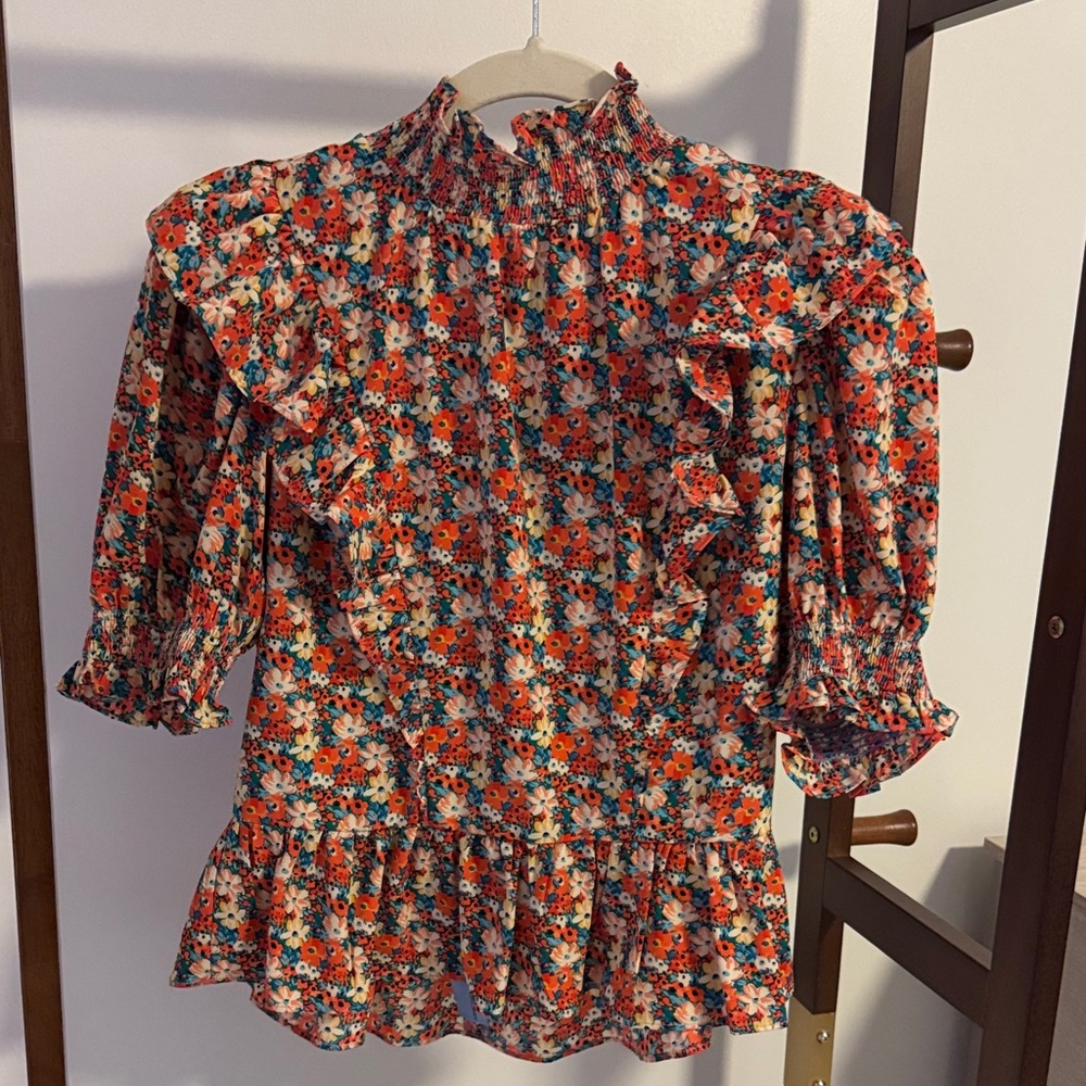 English Factory Floral Ruffle Blouse - Red and Blue